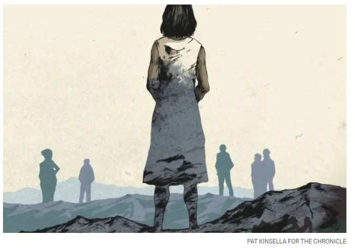 Image of a woman looking into a desolate landscape with the silhouette of other people looking the same direction. Credit: Pat Kinsella for The Chronicle of Higher Education.
